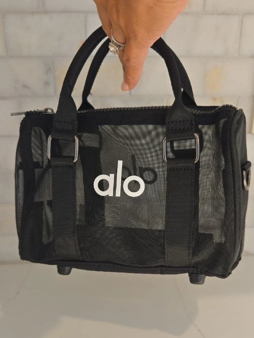 ALO Yoga Black Mesh Toiletry Bag with Top Handles